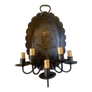 1920s Large Cast Iron and Brass Spanish Colonial Wall Sconce With Nautical Motif