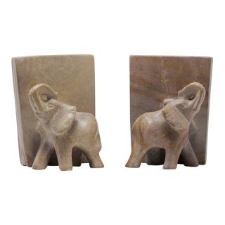 Marble Hand Carved Elephant Sculpture Bookends - a Pair For Sale