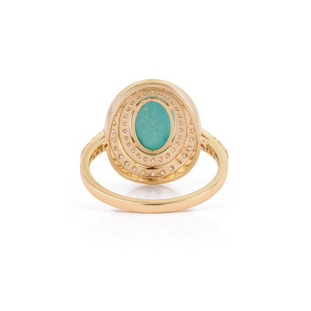 1.43ct Oval Turquoise Cabochon Double Halo Diamond 14k Gold Contemporary Ring Size 9 For Sale - Image 10 of 17