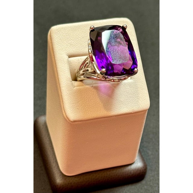 Huge 38 Carat Cushion Cut Natural Amethyst Cocktail Ring in Platinum 23.8 Gm For Sale - Image 18 of 18