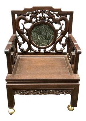 Chinese Carved Hardwood Dreamstone Marble Panel Chair