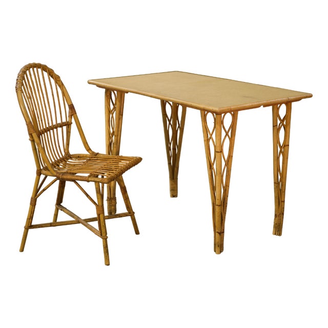 Desk and Rattan Chair, 1970s, Set of 2 For Sale