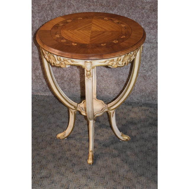 Antique Carved & Inlaid Round French Provincial Table W/Gold Highlights