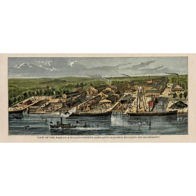 American Harlan & Hollingsworth Shipbuilding & Railroad, Wilmington Riverfront Delaware – Antique Steel Engraving, 1890 For Sale - Image 3 of 5