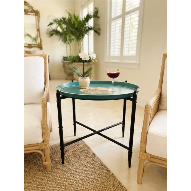 Vintage Chinoiserie-Style Teal and Black Metal Tray Table For Sale In West Palm - Image 6 of 11