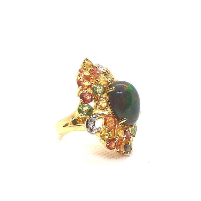 Art Deco Bochic "Orient" Vintage Diamond, Sapphires & Black Opal Ring Set In 18K Gold & Silver For Sale - Image 3 of 18