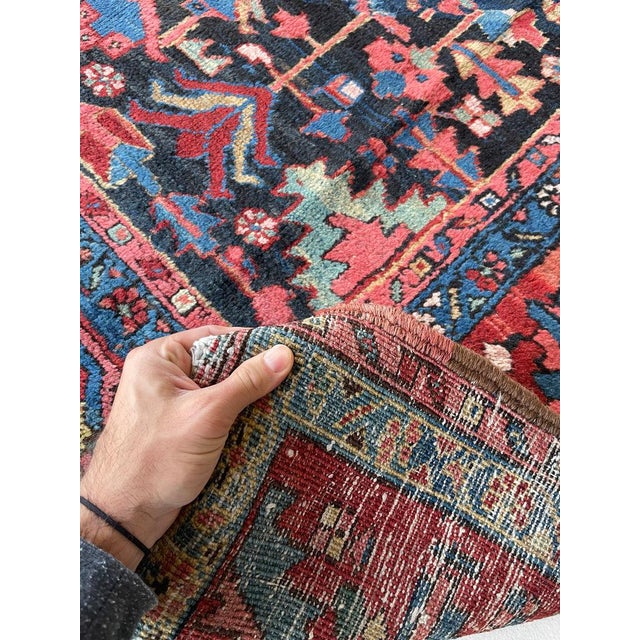 1920s NORTHWEST PERSIAN HERIZ VILLAGE CARPET Century Old Indigo-Ground Organic Wool & Dyes 8.9 x 11.9 For Sale - Image 15 of 17