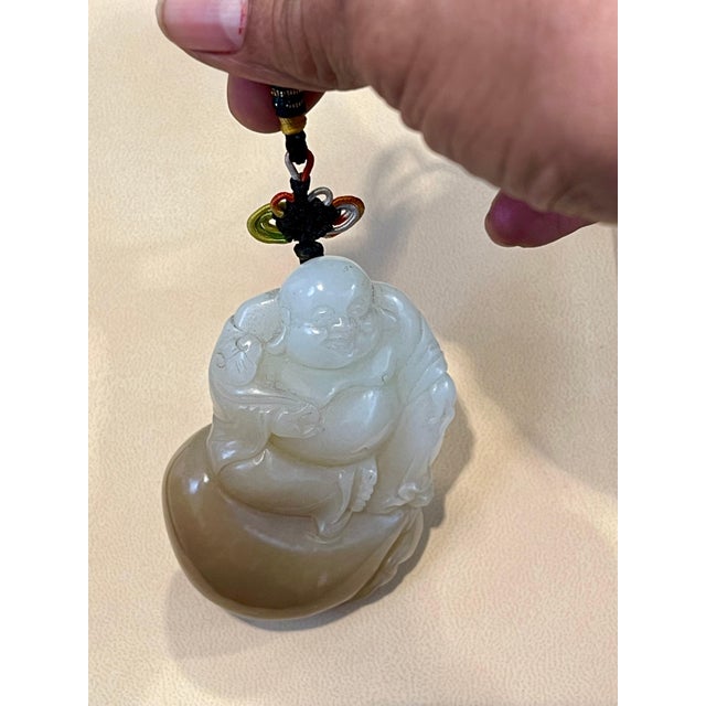Certified Vintage Carved Jade Laughing Buddha Large Pendant / Necklace / Hanging For Sale - Image 4 of 18