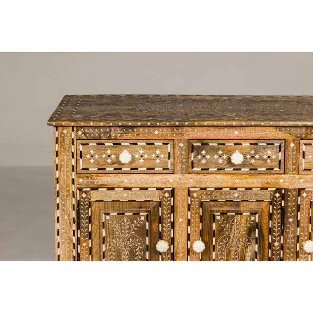 Anglo-Indian Style Mango Wood Buffet with Geometric Bone Inlay For Sale - Image 4 of 12