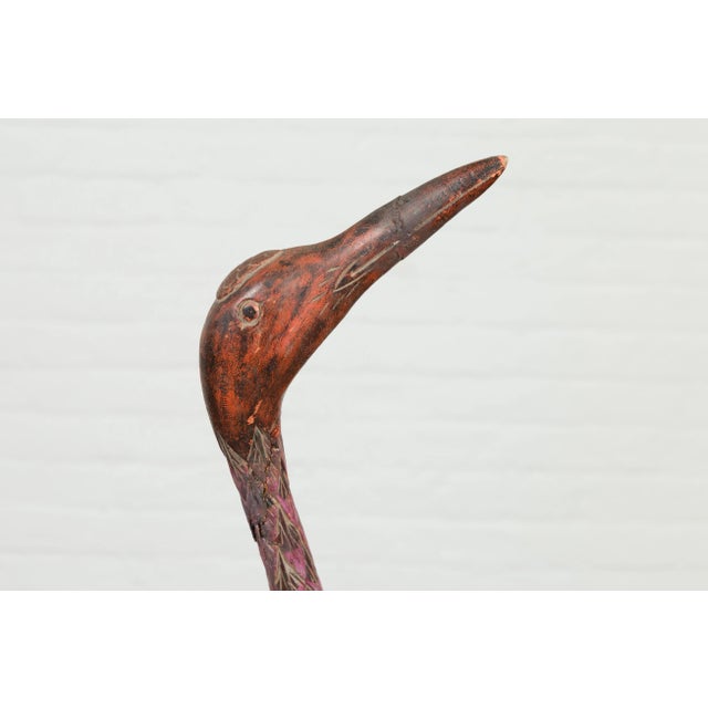 Mid 20th Century Indonesian Hand Carved Heron Sculpture with Purple, Orange and Black Tones For Sale - Image 5 of 13