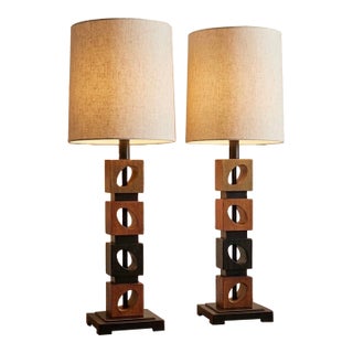 Mid-Century Modern Stacked Geometric Wooden Cube Table Lamps - Pair For Sale