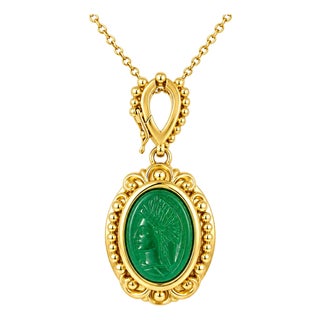 Late 19th Century 18K Yellow Gold Etruscan Intaglio Onyx Green Agate Pendant Slide For Sale