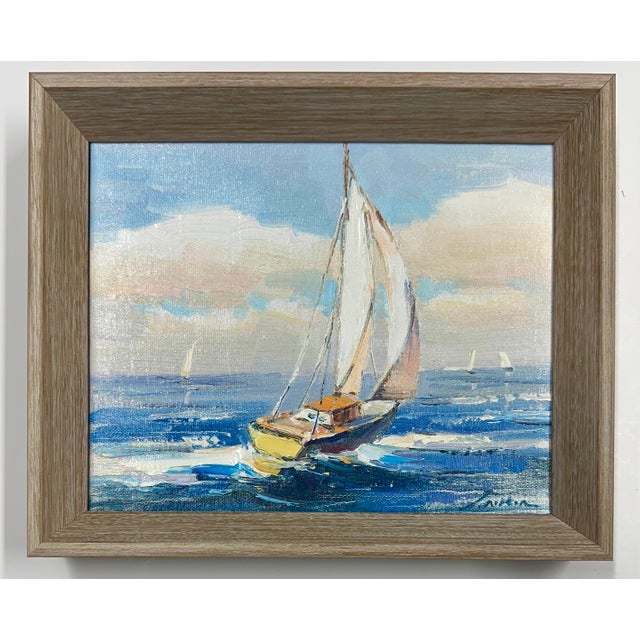 Sailboat Seascape Waves Original Oil on Canvas, by Alton (Framed) For Sale - Image 4 of 9