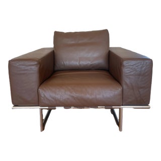 Mid- Century Modern Style Dark Brown Leather Armchair For Sale