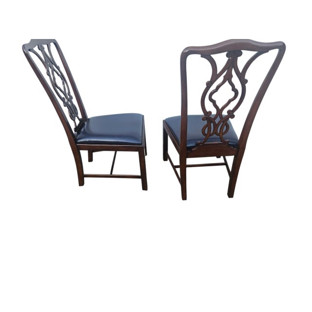 2 Chippendale Dining Room Side Chairs 18th Century Mahogany Navy Leather Carved For Sale - Image 9 of 10