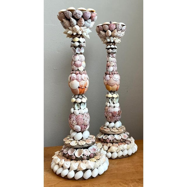 Traditional Vintage Shell Encrusted Candle Holders - Pair For Sale - Image 3 of 12