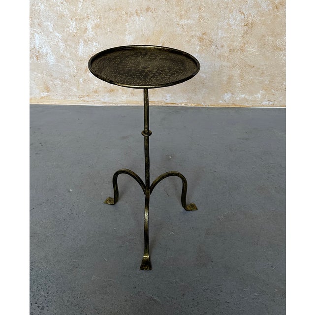 Pair of Spanish Gilt Iron Drinks Tables With Tripod Bases and Hammered Tops For Sale - Image 4 of 15