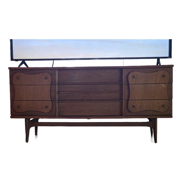 Rare Mid-Century Modern BaBassett Monterey Walnut 9-Drawer Lowboy Dresser by Leo Jiranek With Rosewood X Inlays, Circa 1962-1963 For Sale
