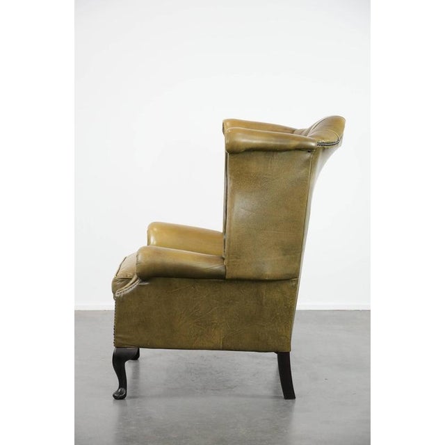 1990s English Style Moss Green Cowhide Chesterfield Wingback Armchair For Sale - Image 5 of 16