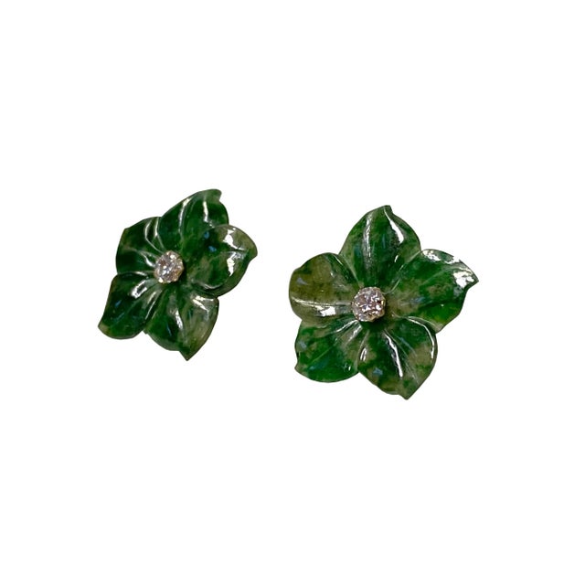 Pair Dark Green Jade Stone Flower Petal Shape Earrings Display Art For Sale - Image 4 of 6
