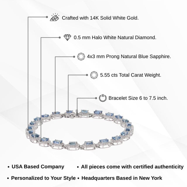 Modern 14k Gold Tennis Bracelet 5.55ct Blue Sapphire & 1.54ct Diamond Halo For Sale - Image 13 of 18