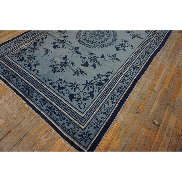 Chinese 1850s Blue and Navy Antique Chinese Peking Ningxia Hand Knotted Rug 5'7" X 8'10" For Sale - Image 3 of 9