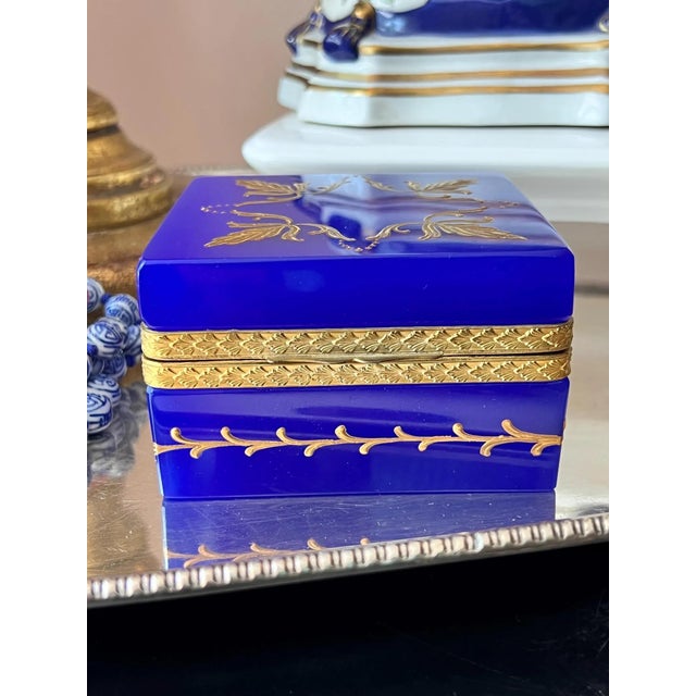 Glass 1960s Cobalt / Lapiz Italian Opaline Glass Casket With Gold Mounts and Beautiful Enamel Detail For Sale - Image 7 of 12