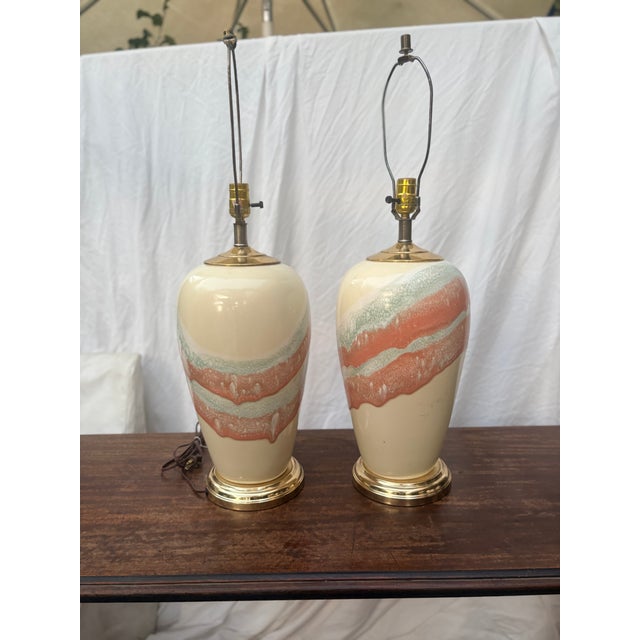 1980s Postmodern Ceramic Pastel Drip Glaze Table Lamps - A Pair For Sale - Image 12 of 12