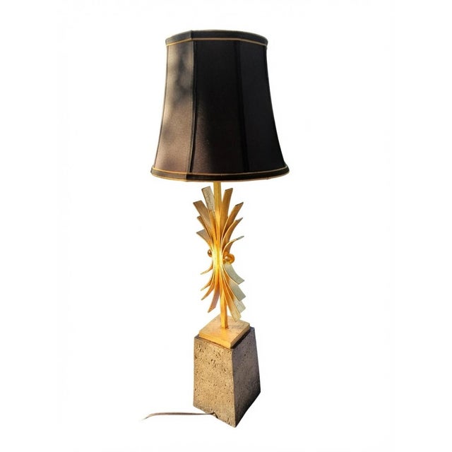 Mid-Century Modern Mid-Century Modern Abstract Gold Starburst Table Lamp With Stone Base & Black Shade | Hollywood Regency For Sale - Image 3 of 9