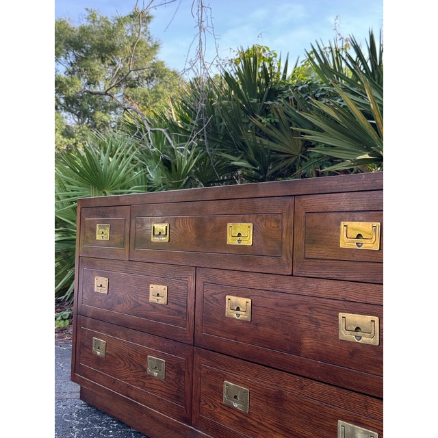 Campaign Vintage Henredon Campaign 8-Drawer Walnut Dresser With Brass Hardware For Sale - Image 3 of 5