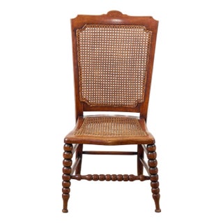 Antique Petite Walnut Accent/ Nursing Chair With Hand-Tied Cane Seat + Back With Bobbin Legs For Sale