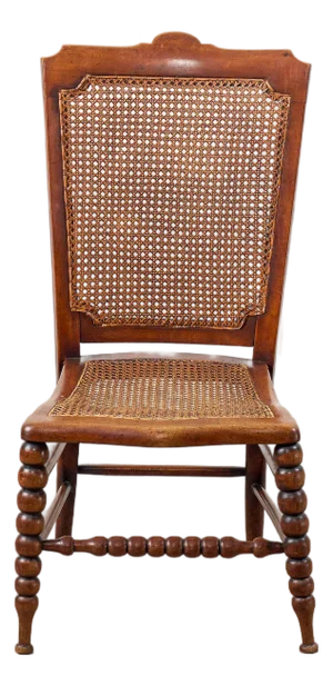 Antique Petite Walnut Accent/ Nursing Chair With Hand-Tied Cane Seat + Back With Bobbin Legs
