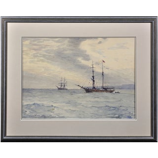 Charles Adderton, Norwegian Barques at Anchor, Lyme Bay, Devon and Dorset, 1890s-1910s, Watercolor For Sale
