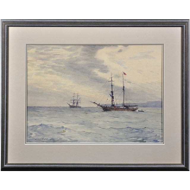 Charles Adderton, Norwegian Barques at Anchor, Lyme Bay, Devon and Dorset, 1890s-1910s, Watercolor For Sale