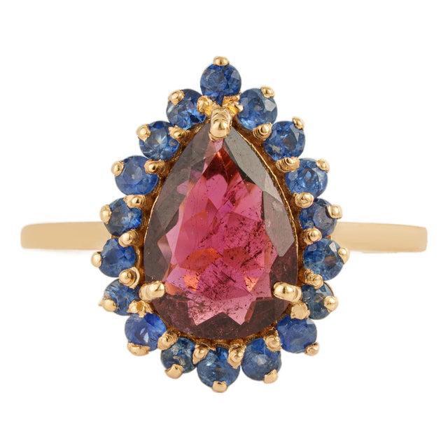 Retro Style 18k Yellow Gold 1.77ct Rubelite & Blue Sapphire Halo Ring Size 4 For Sale