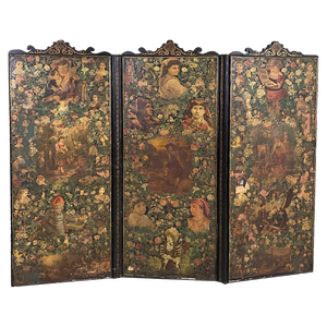 English Wooden Screen with Portraits and Floral Collage, 1800s