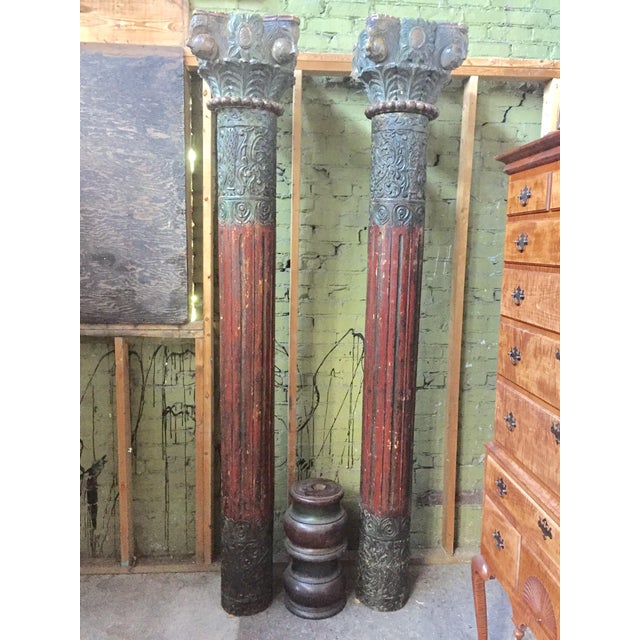 1930s Vintage Painted and Heavily Carved Teak Wood Columns With Lions - a Pair For Sale - Image 12 of 13
