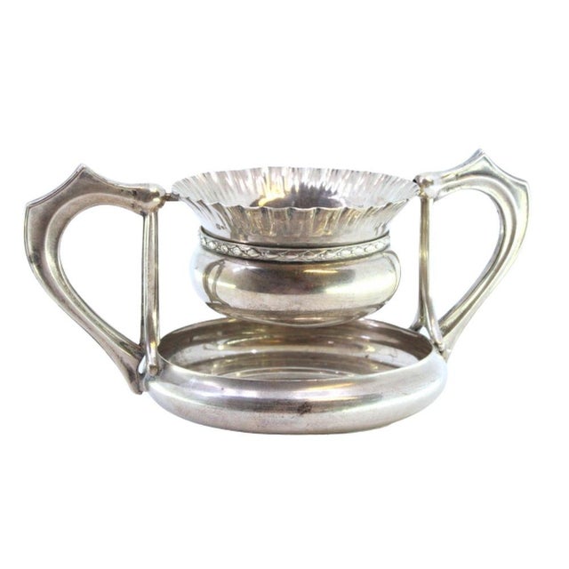 Metal Silver Tea Strainer with Embossed Cup-Shaped Reservoir and Grooved Handles For Sale - Image 7 of 7
