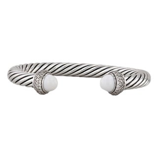 Yurman 1.40ctw Diamond White Agate Cuff Bracelet W/ Pouch Sterling Silver 6.5" For Sale
