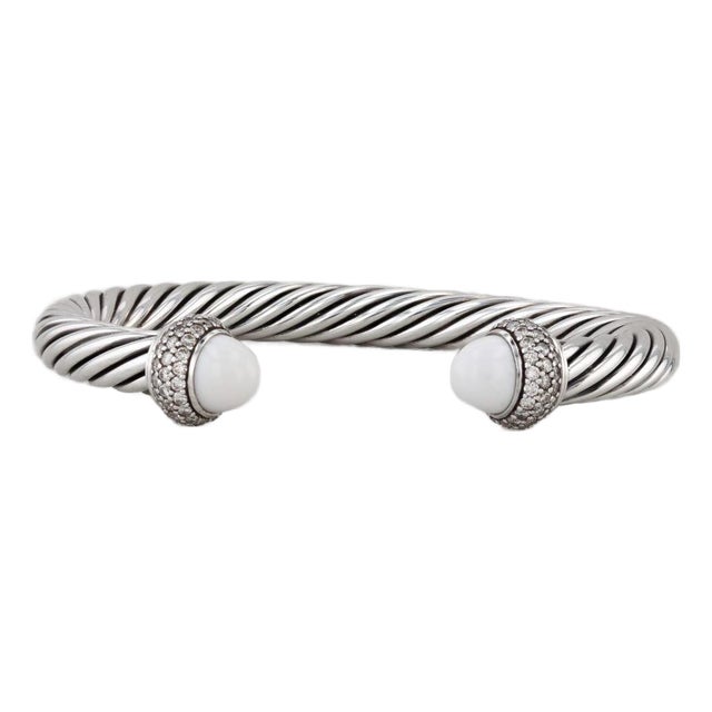 Yurman 1.40ctw Diamond White Agate Cuff Bracelet W/ Pouch Sterling Silver 6.5" For Sale
