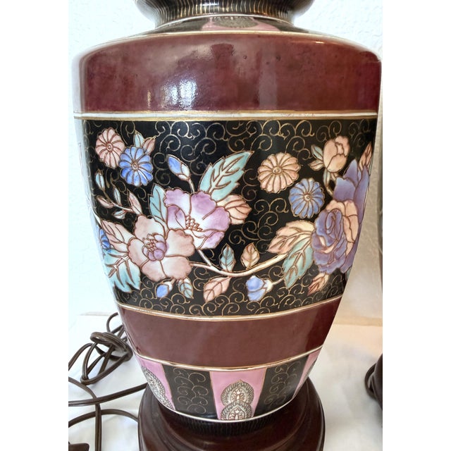 Ceramic Pair of Vintage Chinoiserie Floral Ginger Jar Style Lamps 1970s For Sale - Image 7 of 11