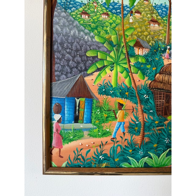 Vintage Michelet Haitian Folk Art Tropical Village Scene Landscape Oil Painting – Framed For Sale In Miami - Image 6 of 16