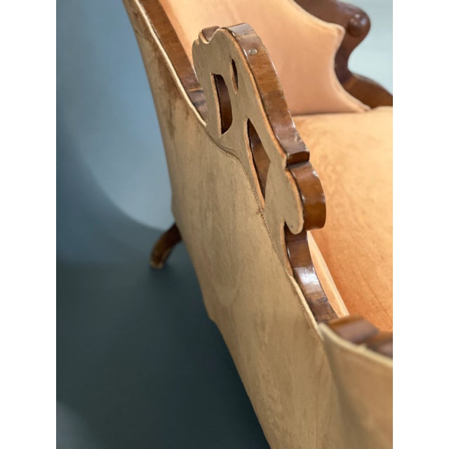 Antique Wood and Velvet Sofa For Sale - Image 3 of 6
