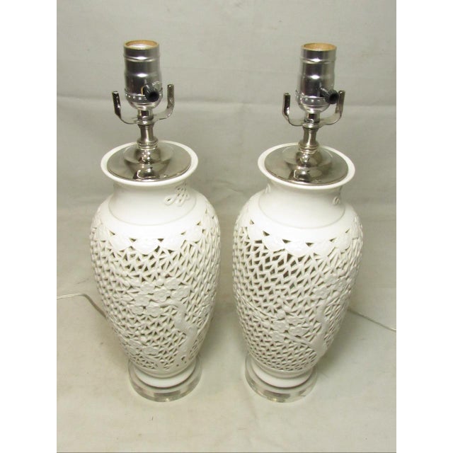 Pair of Chinese Blanc De Chine Pierced Porcelain Lamps For Sale - Image 11 of 12