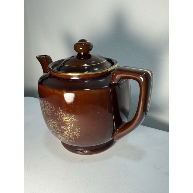 Vintage 1960s Brown Ceramic Teapot Gold Floral Design Lidded Mid Century Tea Pot For Sale In Philadelphia - Image 6 of 15