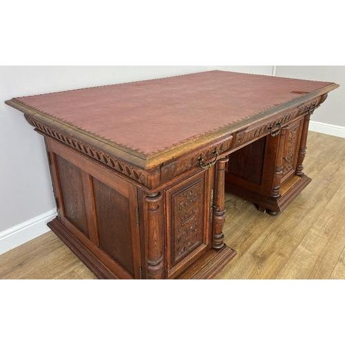 Antique French Style Oak Double Sided Carved Pedestal Desk For Sale - Image 4 of 18