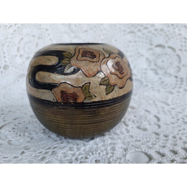 1960s Brass Cloisonné Floral & Striped Vase For Sale - Image 5 of 7