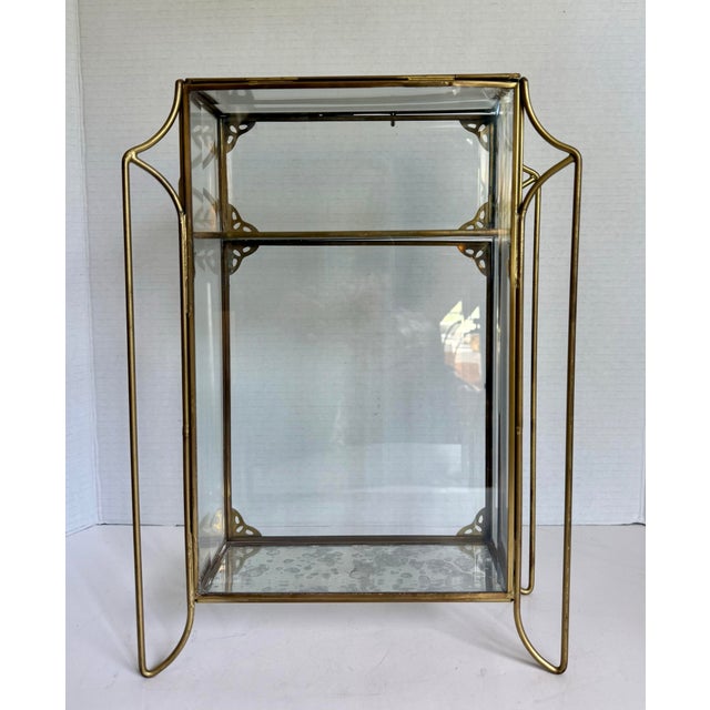 Vintage Brass & Glass Vitrine With Sculptural Side Supports & Antiqued Mirror Base For Sale - Image 9 of 12