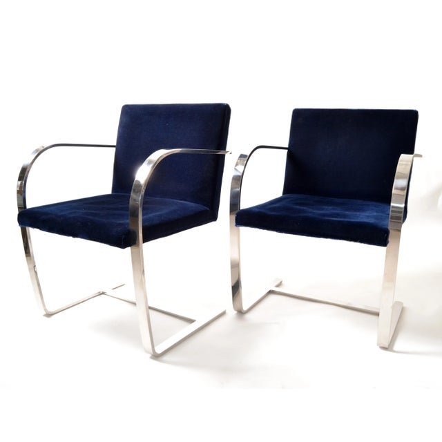 Mid-Century Modern Mies Van Der Rohe for Knoll Stainless Steel Brno Chairs Blue Velvet 1977, Pair For Sale - Image 3 of 13