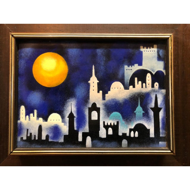 Mid 20th Century Mod 1970's Israeli Judaica Folk Art Jerusalem View Enamel on Copper Painting, 1979 For Sale - Image 5 of 6